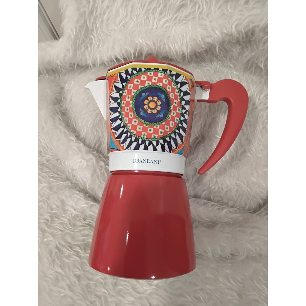 Brandani Italian Moka Espresso Maker Red Mediterranean Pattern Stovetop 3-Cup